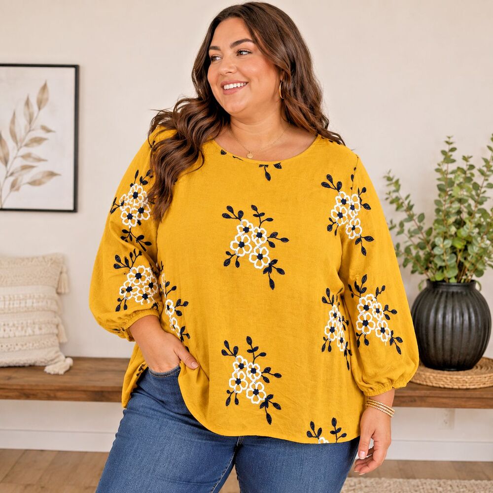 Kindred Women's Mustard Yellow Floral Embroidered Blouse 2X Boho Balloon Sleeve